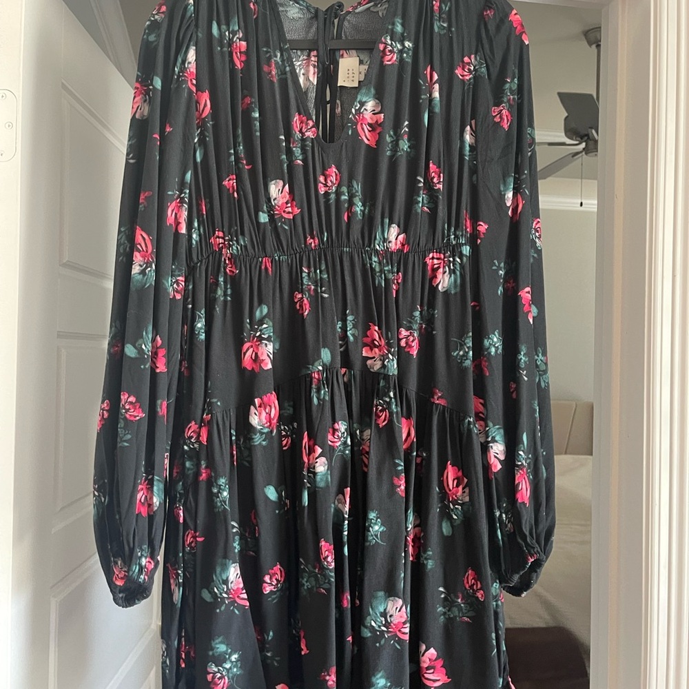 Floral Black Dress with Pink and Green Accents